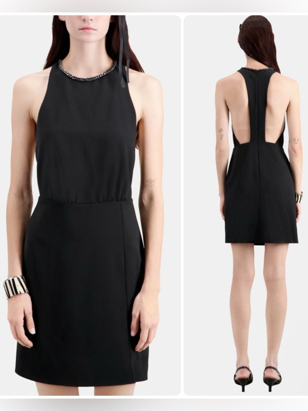 The Kooples Black Gunmetal-Chain Neckline Halter Open-Back Mini Dress NWT $345